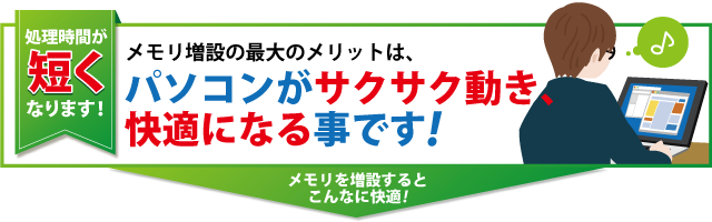 メモリ増設の最大のメリットは、<br>パソコンがサクサク動き、快適になることです！